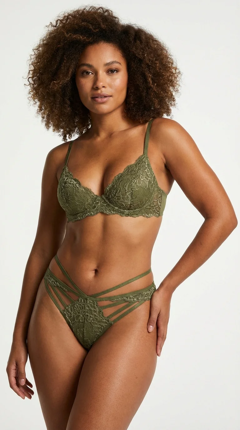 Önü Çoklu Bantlı (Strappy) Dantel Tanga Olive Green - Kafes Görünümlü ve İpli Model - Ön Görünüm - LunaIntim